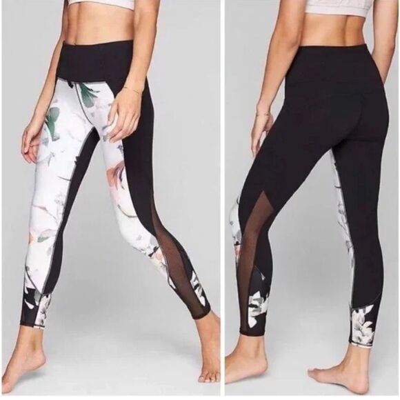 Athleta L 24” Black Ivory Floral Mesh Cropped Workout Leggings with Pockets - Picture 2 of 15